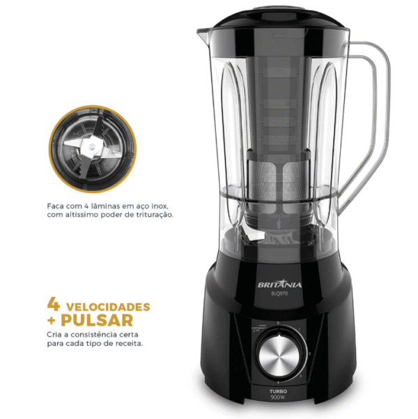 Liquidificador Britânia BL970 Turbo 900W 220V - 4 Velocidades, Função Pulsar e Autolimpeza-Imagem 7