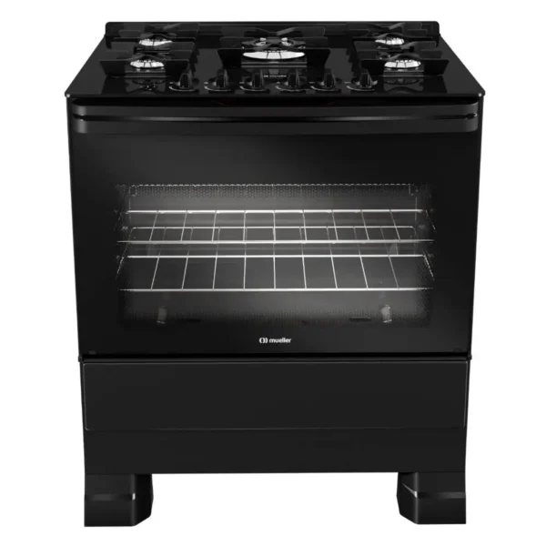 Fogão Mueller 5 bocas Preto com Mesa de Vidro e grades de Ferro Fundido MFV5BF