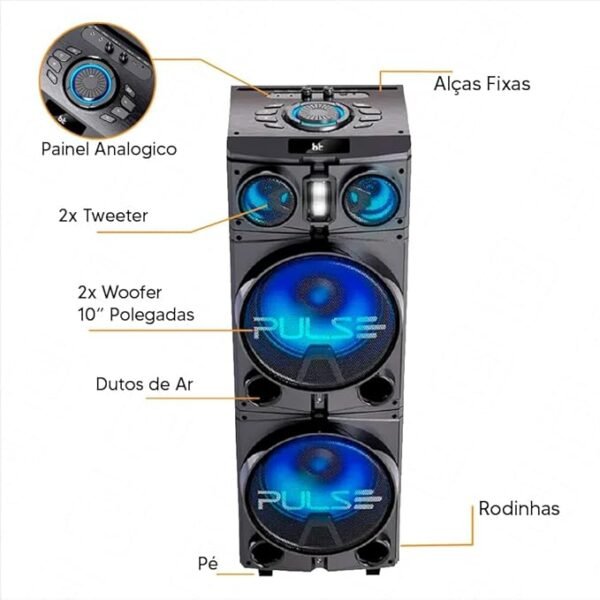 Caixa de Som Torre Pulse Storm SP509 com 1000W RMS, woofer de 8