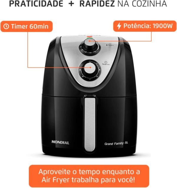 Fritadeira Sem Óleo Air Fryer 5L, Mondial, Preto/Inox, 1900W, 220V - AFN-50-BI-Imagem 3