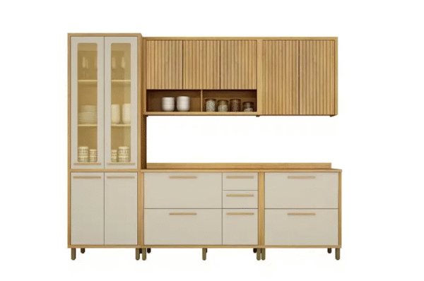 Cozinha Completa Torino com 2 Aéreos, 1 Paneleiro Porta de Vidro e 2 Balcões Cinamomo/Off White