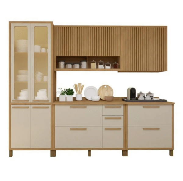 Cozinha Completa Torino com 2 Aéreos, 1 Paneleiro Porta de Vidro e 2 Balcões Cinamomo/Off White-Imagem 3
