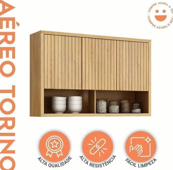 Cozinha Completa Torino com 2 Aéreos, 1 Paneleiro Porta de Vidro e 2 Balcões Cinamomo/Off White-Imagem 9