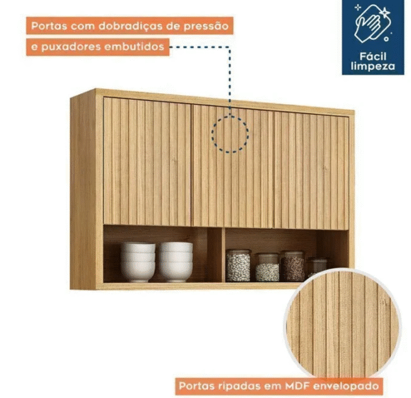 Cozinha Completa Torino com 2 Aéreos, 1 Paneleiro Porta de Vidro e 2 Balcões Cinamomo/Off White-Imagem 10